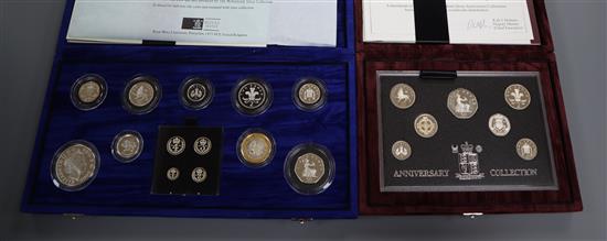 A cased Royal Mint millennium silver collection proof coin set and a cased 1996 silver anniversary proof coin set.